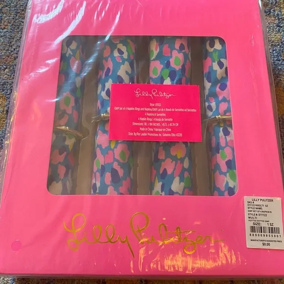 Lilly Pulitzer 4 Napkins & Gold Bamboo Rings Easter Hostess Gift NWT
